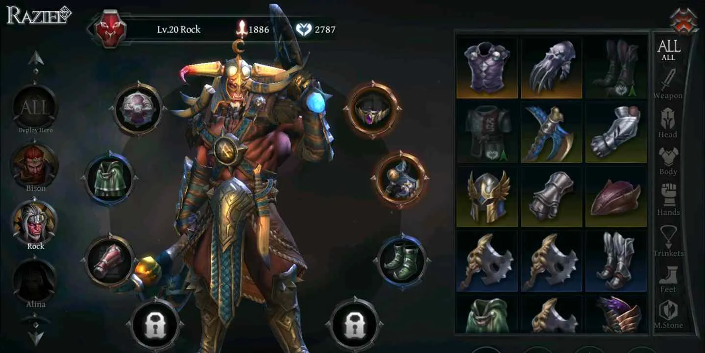 Ảnh 2 của Tải game Raziel: Dungeon Arena Mod APK 1.9.0 (Mở Khoá) Màn hình chọn nhân vật trong Raziel: Dungeon Arena Mod, hiển thị các anh hùng có thể điều khiển