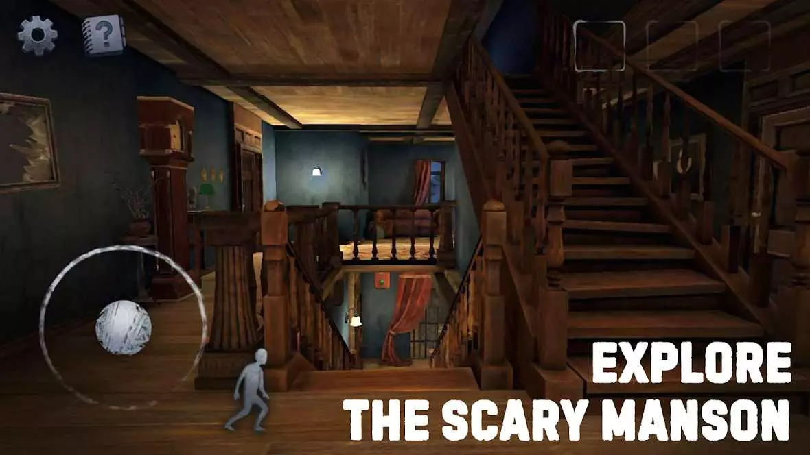 Ảnh 3 của Tải game Scary Mansion Mod APK 1.077 (Bất Tử, Bot Ngốc) Góc nhìn thứ nhất cho thấy hành lang tối tăm và cánh cửa đóng kín trong Scary Mansion Mod