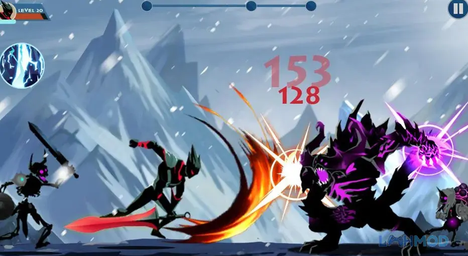 Ảnh 1 của Tải Shadow Fighter Mod Apk 1.48.1 (Vô Hạn Tiền/Mega Menu) cho Android iOs Cảnh chiến đấu trong Shadow Fighter với nhân vật đang tấn công quái vật