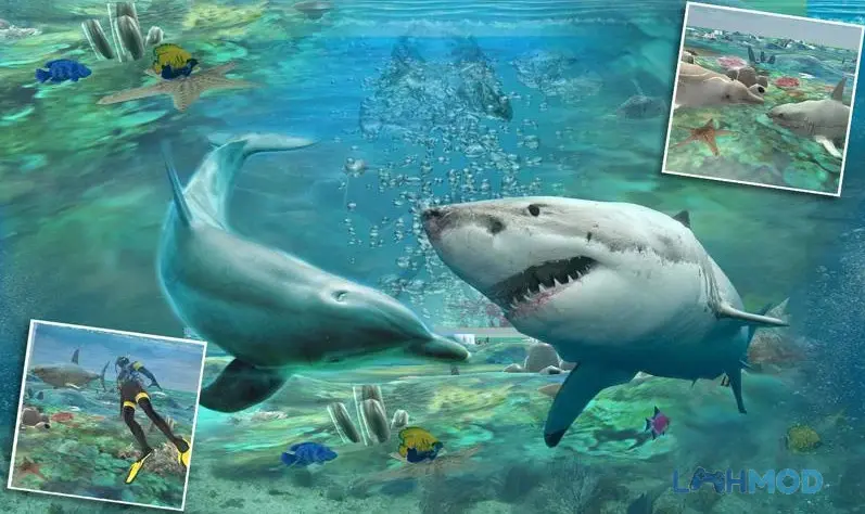 Ảnh 2 của Tải Shark Attack Spear Fishing 3D Apk 4.6 cho Android iOs Thợ săn đang đối mặt với đàn cá mập hung dữ