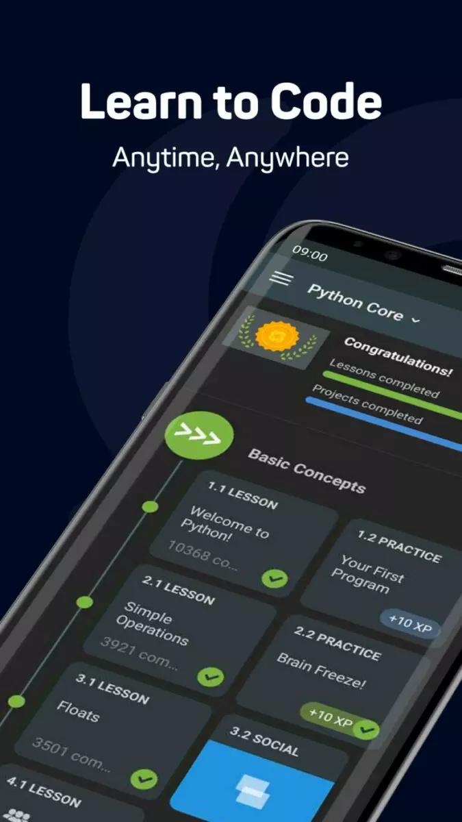 Ảnh 2 của Tải ứng dụng Sololearn – App hướng dẫn viết code, học lập trình 4.19.0 cho Android iOs Giao diện học lập trình trên Sololearn hiển thị bài học và code