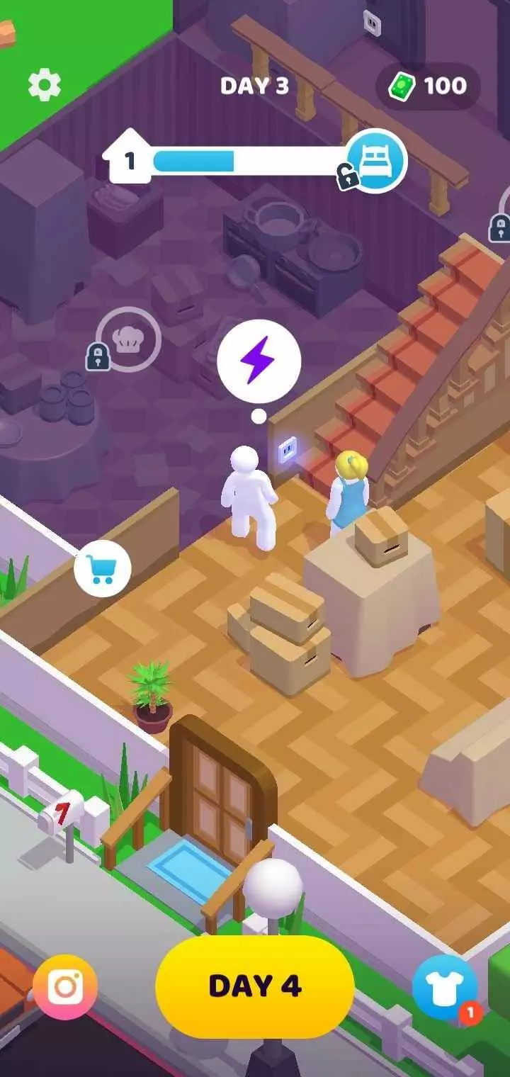 Ảnh 5 của Staff! – Job Game Mod APK 1.2.7 (Menu, Vô Hạn Tiền) Cảnh nhân vật đứng trong ngôi nhà đã hoàn thiện với thú cưng