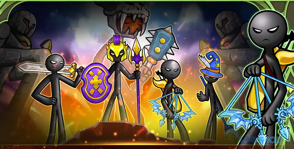 Ảnh 2 của Tải Stickman Battle Mod Apk 1.6.15 (Vô Hạn Tiền) cho Android iOs Giao diện game Stickman Battle với các chiến binh người que đang chiến đấu