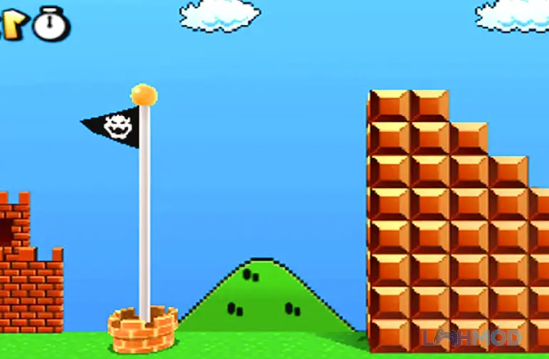 Ảnh 3 của Tải Super Run Go Apk 1.45 cho Android iOs Cảnh Super Run Go với cột cờ có hình đầu lâu và ngôi sao trên pháo đài