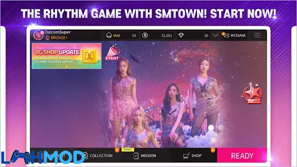 Ảnh 2 của SuperStar SMTOWN MOD APK 3.9.2 (Mở khóa) Android Giao diện sảnh chính game SuperStar SMTOWN với nhóm nhạc nữ Aespa