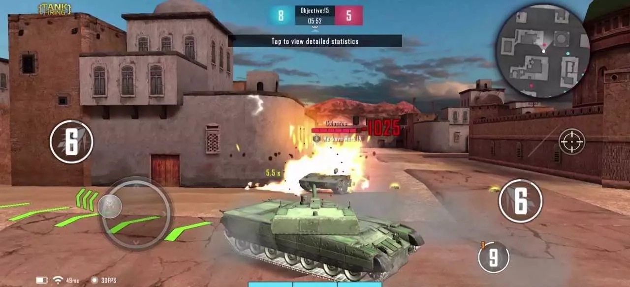 Ảnh 3 của Tải game Tank Firing Mod APK 2.2.9 (Phần Thưởng Miễn Phí) Cảnh quay cận cảnh xe tăng trong Tank Firing Mod đang di chuyển trên địa hình gồ ghề