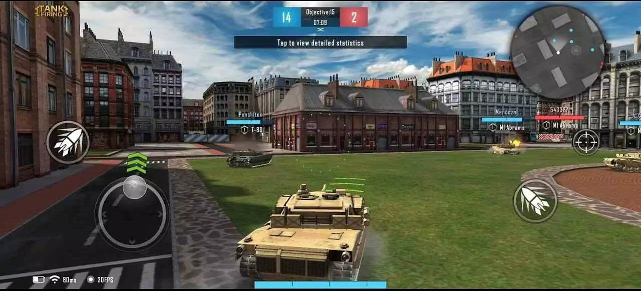 Ảnh 4 của Tải game Tank Firing Mod APK 2.2.9 (Phần Thưởng Miễn Phí) Màn hình giao diện điều khiển Tank Firing Mod với nút joystick và nút bắn