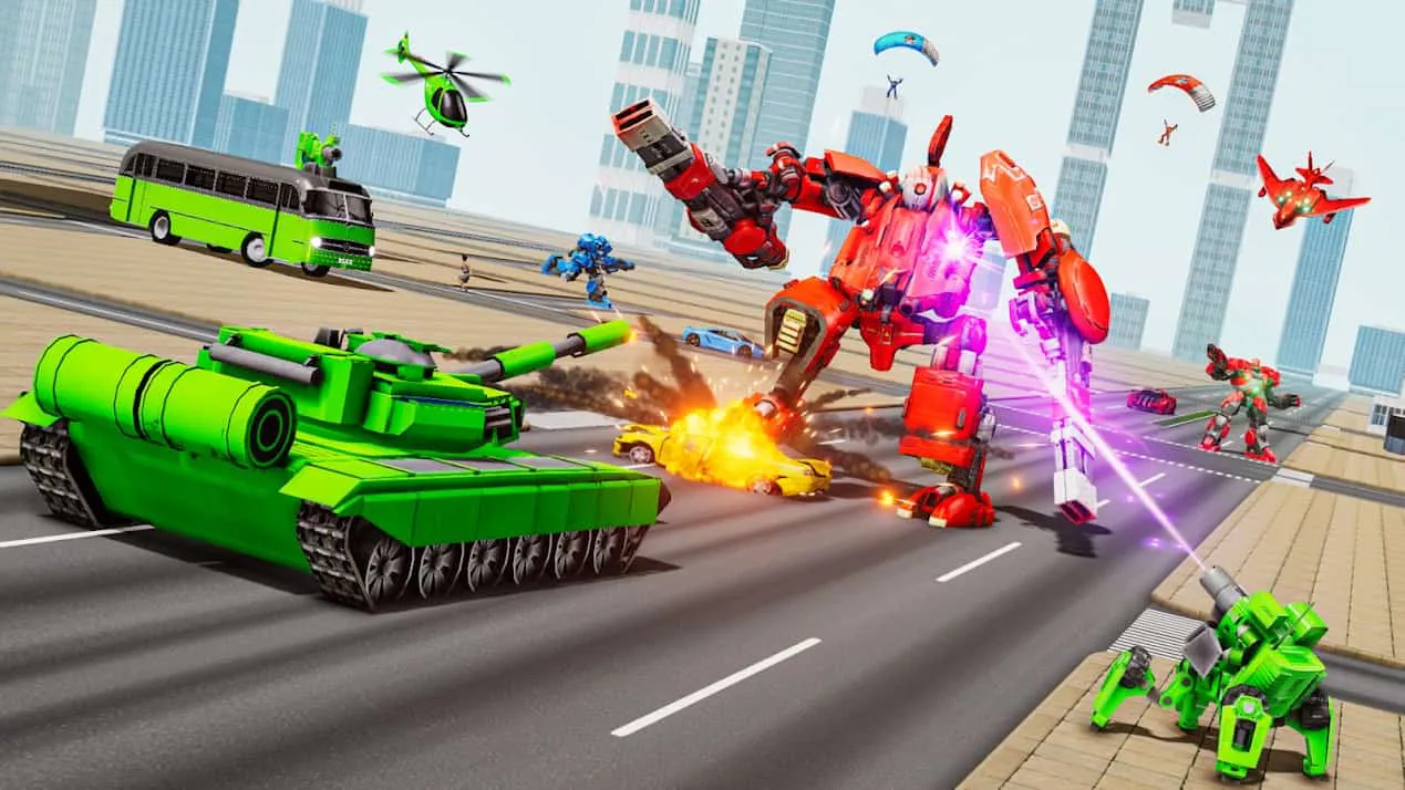 Ảnh 4 của Tải game Tank Robot Mod APK 2.4.0 (God Mode, Dumb Enemy) Alt text mô tả cảnh một robot xe tăng bắn tên lửa