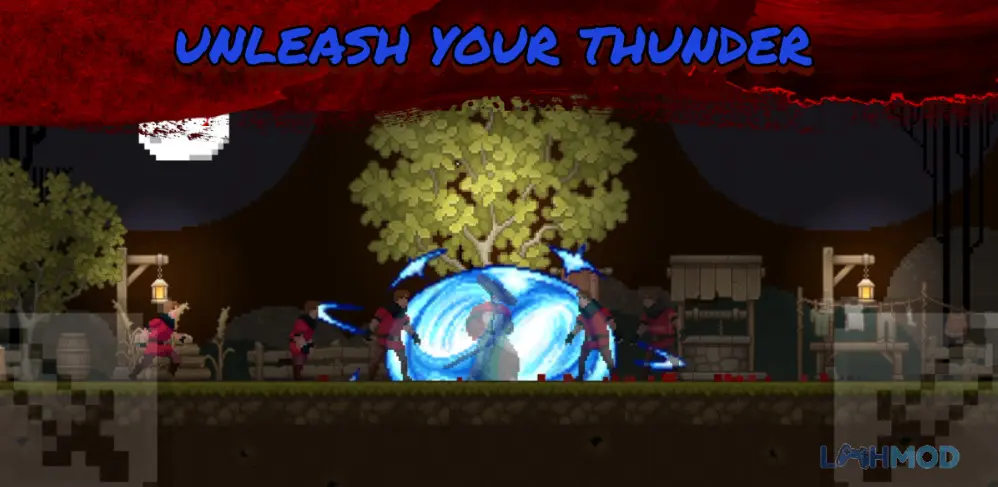 Ảnh 2 của Tải Thunder Samurai Defend Village Mod Apk 1.00 (Vô Hạn Tiền) cho Android iOs Samurai đứng giữa bãi chiến trường với những kẻ thù đã bị đánh bại