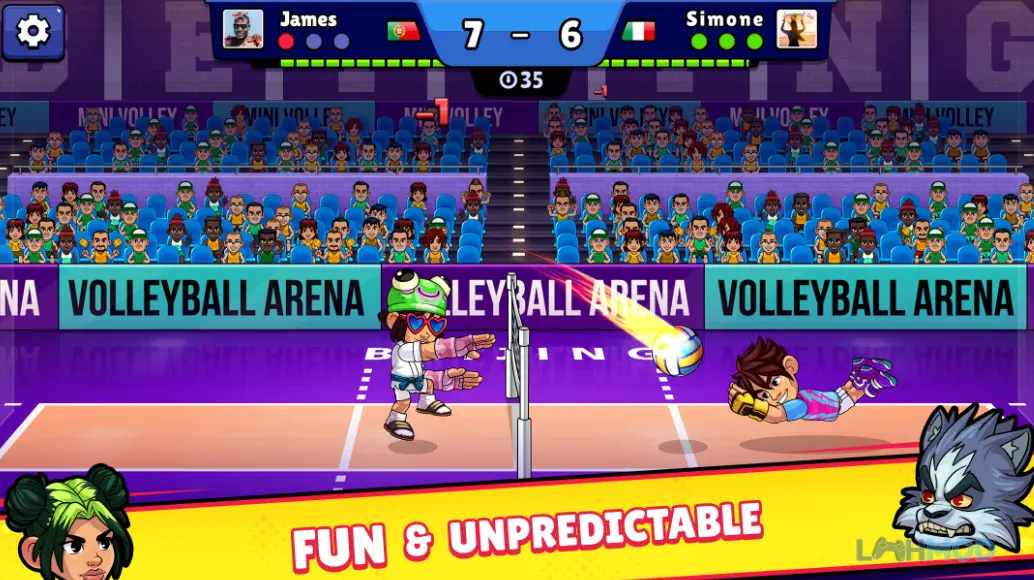 Ảnh 6 của Tải Volleyball Arena Mod Apk v14.0.1 (Mở khóa All) cho Android iOs Cảnh một trận đấu bóng chuyền kịch tính với hai vận động viên đang nhảy lên chắn bóng