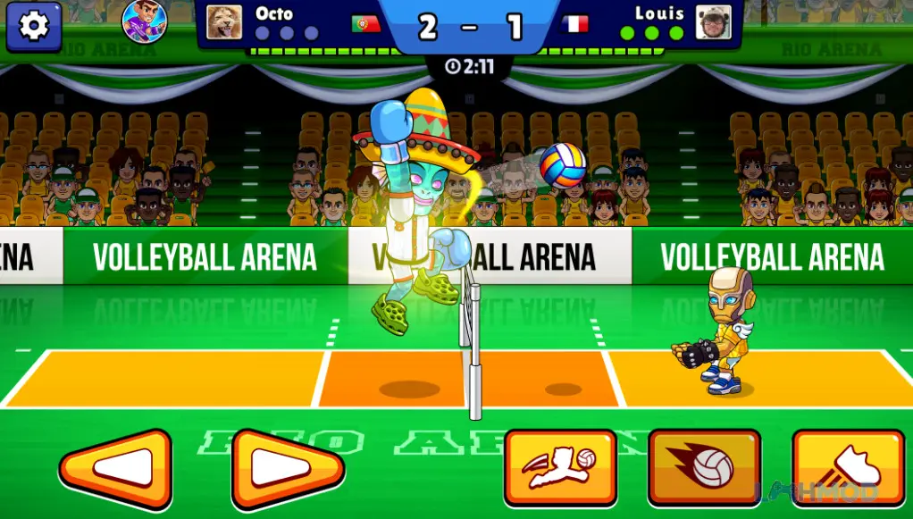 Ảnh 8 của Tải Volleyball Arena Mod Apk v14.0.1 (Mở khóa All) cho Android iOs Một vận động viên bóng chuyền nam trong trang phục màu xanh đang thực hiện cú đập bóng mạnh mẽ trên sân đấu