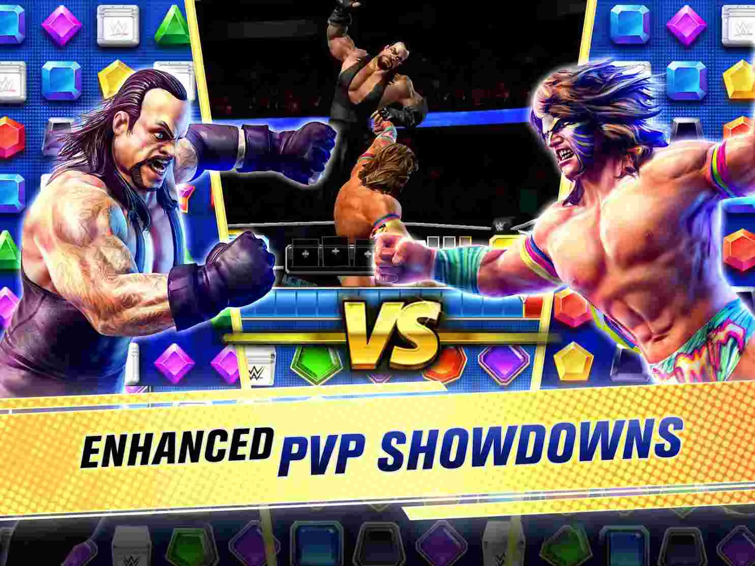 Ảnh 2 của Tải game WWE Champions 2021 Mod APK 0.551 (Onehit, No cost) Cảnh đấu sĩ WWE đang thực hiện đòn khoá đối thủ trên sàn đấu
