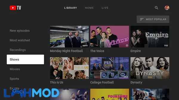 Ảnh 2 của Tải ứng dụng YouTube TV APK 6.42.1 cho Android iOS Giao diện YouTube TV với nhiều kênh truyền hình