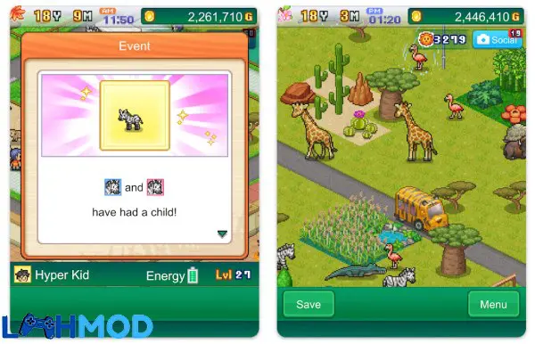 Ảnh 4 của Zoo Park Story MOD APK 1.0.8 (Vô hạn tiền) Android iOS Giao diện quản lý và các loài động vật trong Zoo Park Story