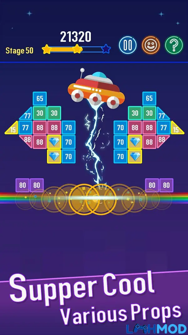 Ảnh 2 của Balls Bricks Breaker 4 Mod Apk 2.16.304 (Vô hạn tiền) Giao diện Balls Bricks Breaker 4 với nhiều loại gạch khác nhau và các vật phẩm hỗ trợ