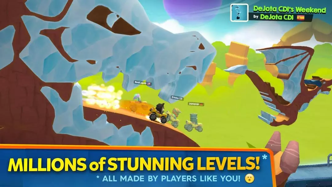 Ảnh 3 của Tải game Big Bang Racing Mod APK 3.7.2 (Vô hạn tiền) Nhân vật trong Big Bang Racing đang lái xe trên đường đua đầy màu sắc