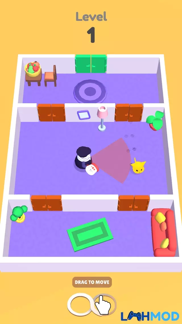 Ảnh 2 của Cat Escape Mod Apk 19.1 (Mở khóa tất cả, Không quảng cáo) Chú mèo vàng đang lén lút di chuyển trong một căn phòng với lính canh