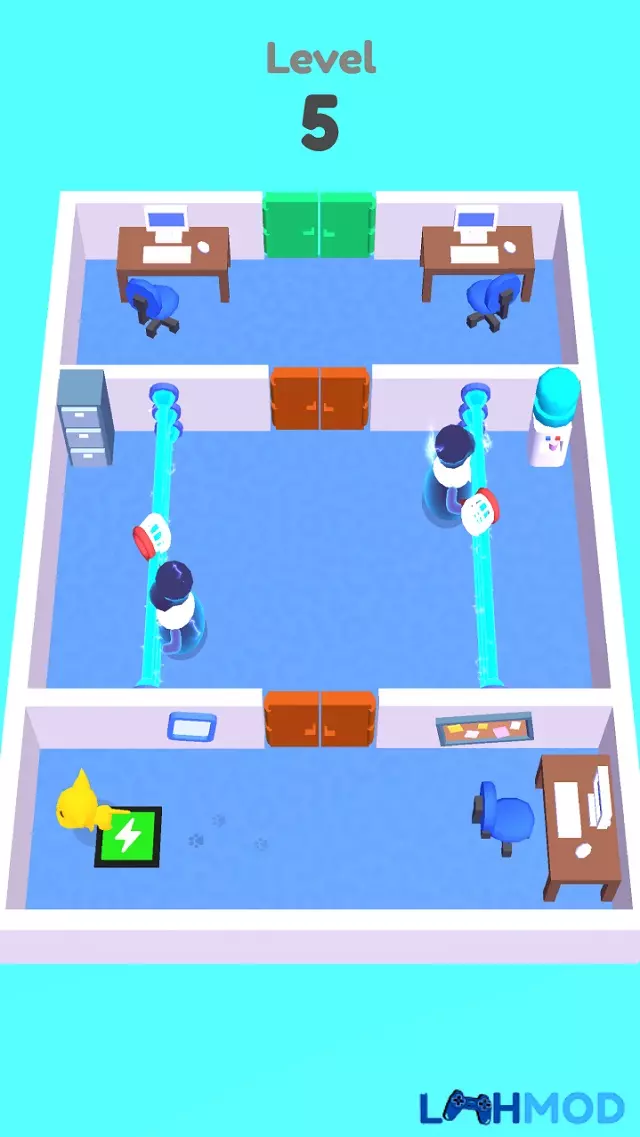 Ảnh 3 của Cat Escape Mod Apk 19.1 (Mở khóa tất cả, Không quảng cáo) Chú mèo đang trốn lính canh trong một căn phòng có nhiều vật cản