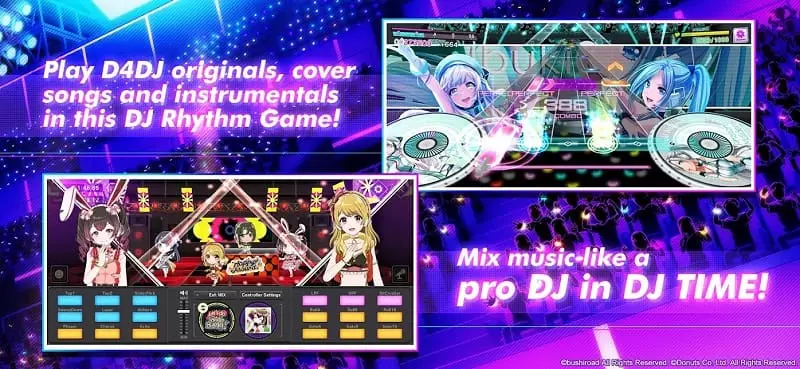 Ảnh 1 của Tải game D4DJ Groovy Mix Mod APK v8.1.0 (Auto Dance, Perfect) Cảnh các cô gái DJ biểu diễn trên sân khấu
