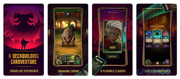 Ảnh 2 của Tải Dawncaster Deckbuilding RPG Apk v1.14.071 cho Android iOs Cảnh chiến đấu trong game Dawncaster Deckbuilding RPG, hiển thị giao diện bài và kẻ thù