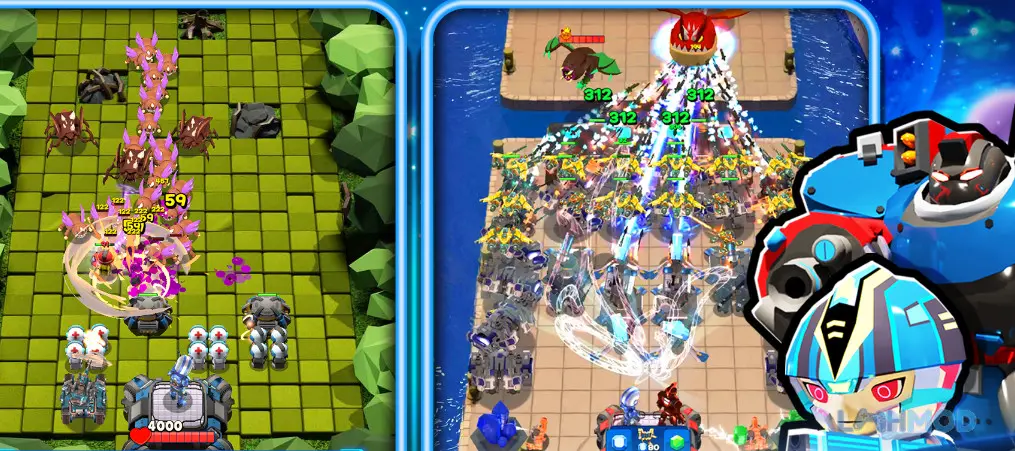 Ảnh 2 của Tải Earth Guardians Mod Apk 1.2.02 (Menu/Vô hạn tiền/Năng lượng) cho Android iOs Đội hình phòng thủ trong Earth Guardians Mod đang chống lại kẻ thù