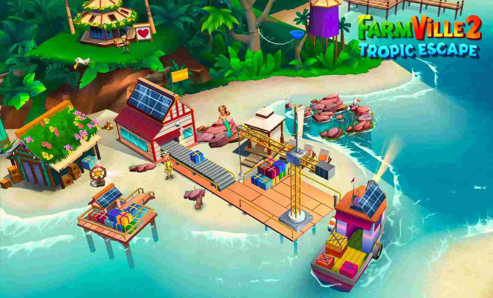 Ảnh 3 của FarmVille 2: Tropic Escape Mod APK 1.140.9422 (Mua sắm miễn phí) Cảnh quan hòn đảo nhiệt đới với bãi biển và khu nghỉ dưỡng