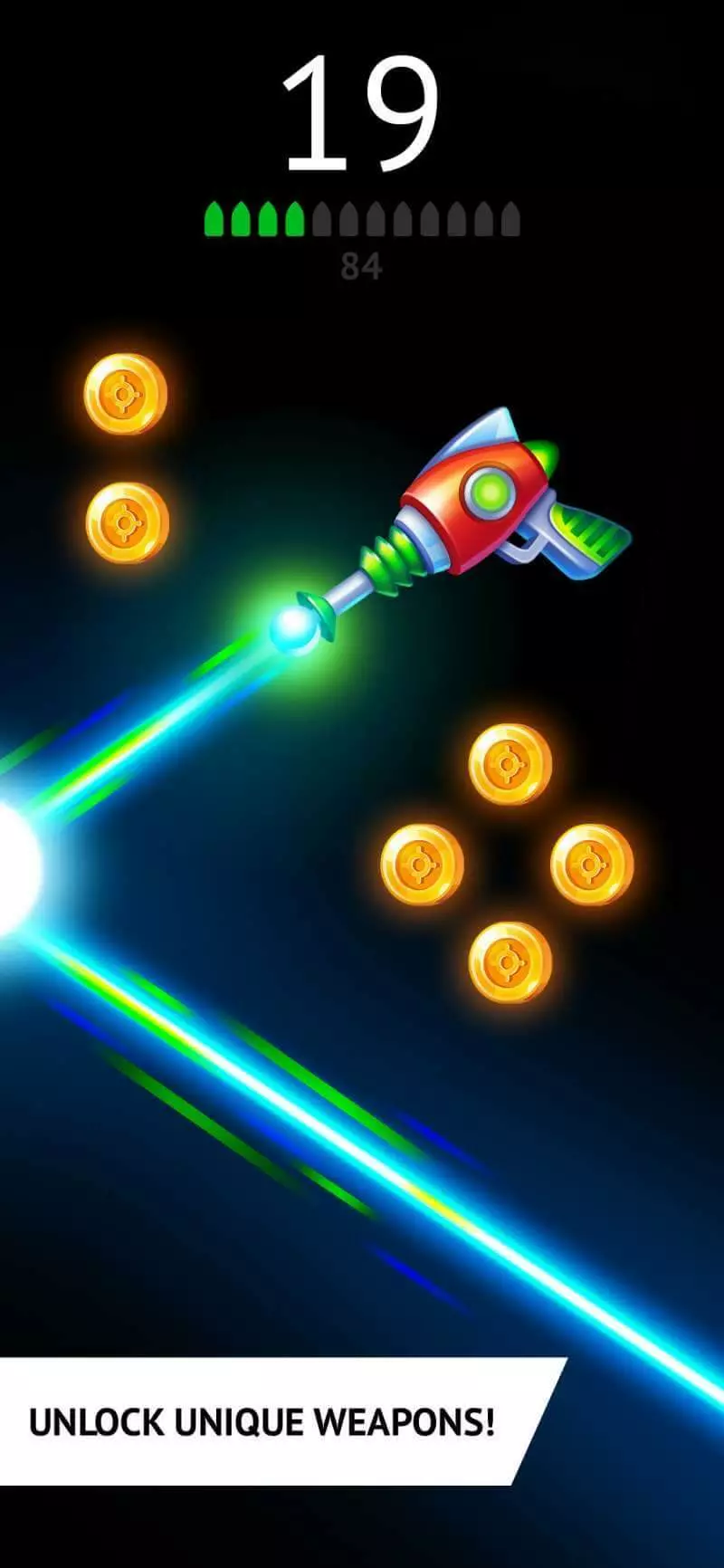 Ảnh 1 của Tải game Flip the Gun Mod APK 1.2 (Vô Hạn Tiền) Ảnh minh họa lối chơi Flip the Gun với súng đang bay và thu thập tiền vàng