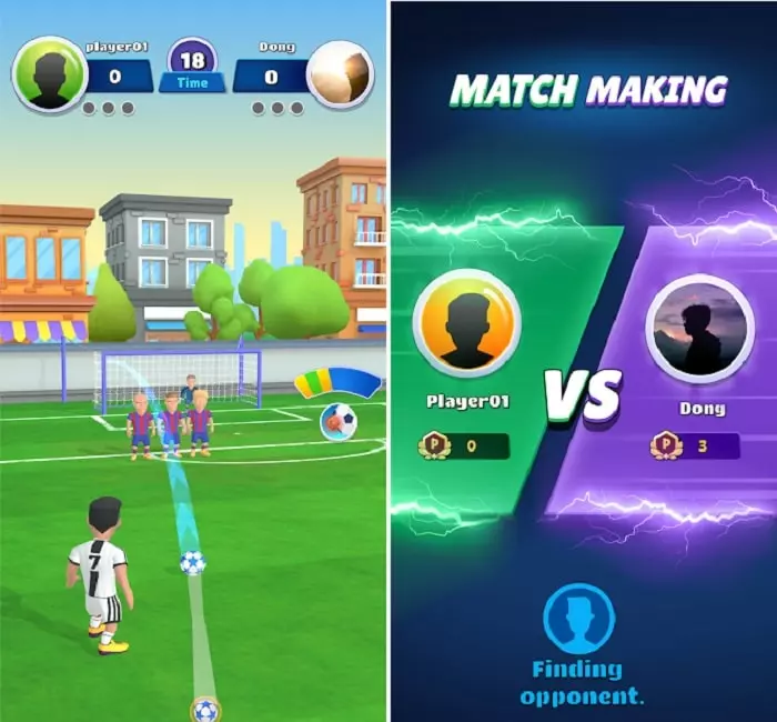 Ảnh 2 của Football Clash Mod APK 0.79 (Menu, Vô Hạn Vàng, Kim Cương, Năng lượng) Giao diện trong trận đấu Football Clash Mod với cầu thủ đang thực hiện cú đá phạt