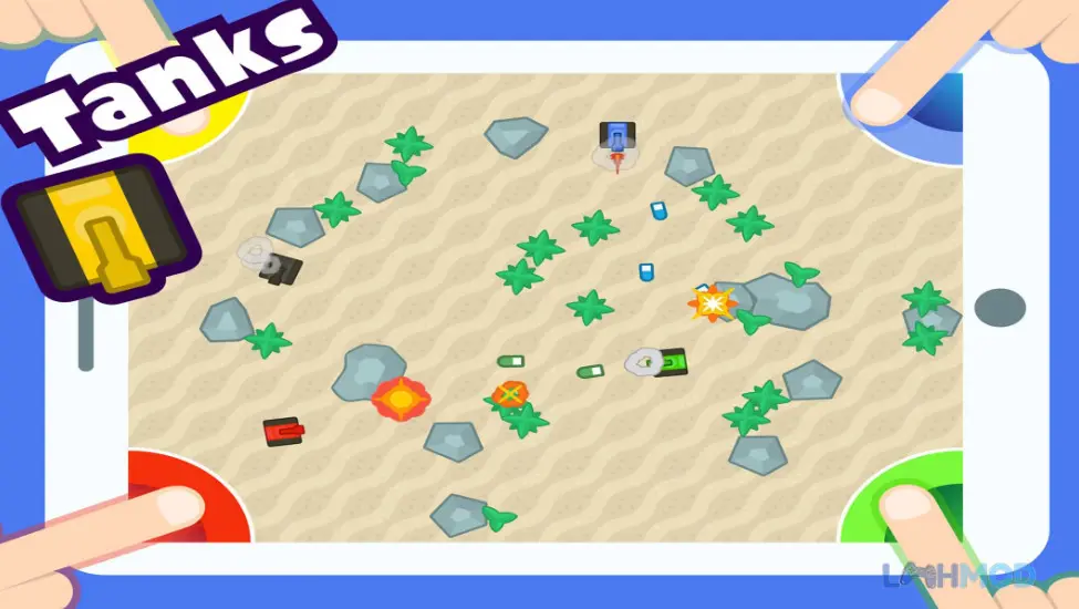 Ảnh 2 của Tải Game 2 3 4 người chơi Mod Apk 3.8.8 (Vô hạn tiền) cho Android iOs Màn hình chia bốn hiển thị gameplay của bốn người chơi cùng lúc trên một thiết bị