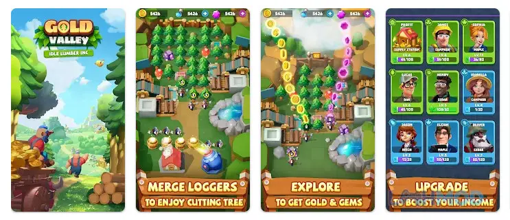 Ảnh 2 của Tải Gold Valley-Idle Lumber Inc Apk 1.14.0 cho Android iOs Cảnh khai thác gỗ với máy móc và công nhân trong Gold Valley-Idle Lumber Inc