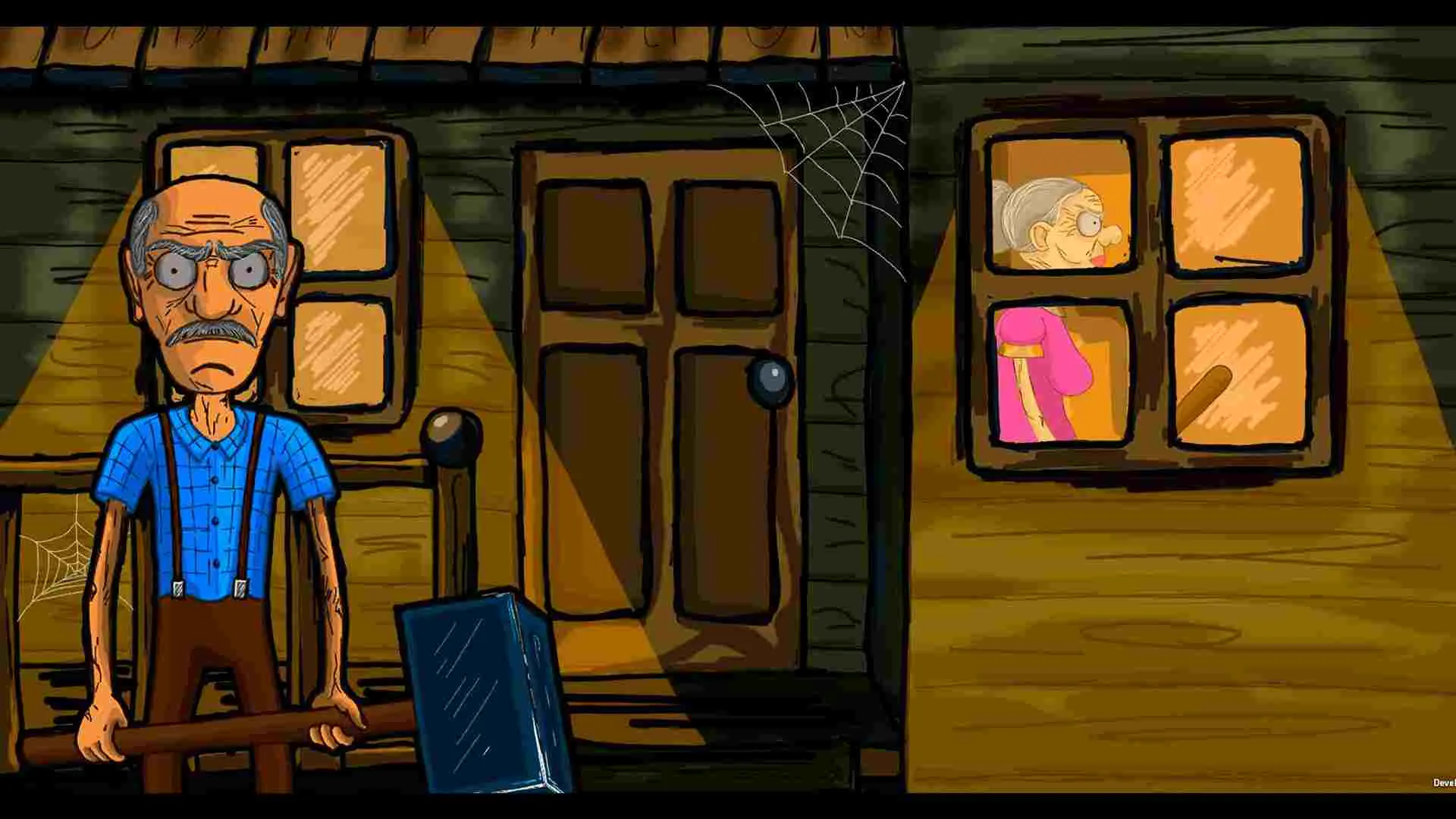 Ảnh 2 của Tải game Grandpa And Granny House Escape Mod APK v1.8.3 ( Dump Enemies, Không Quảng Cáo ) Cảnh trong game Grandpa And Granny House Escape, nhân vật đang trốn trong căn phòng tối