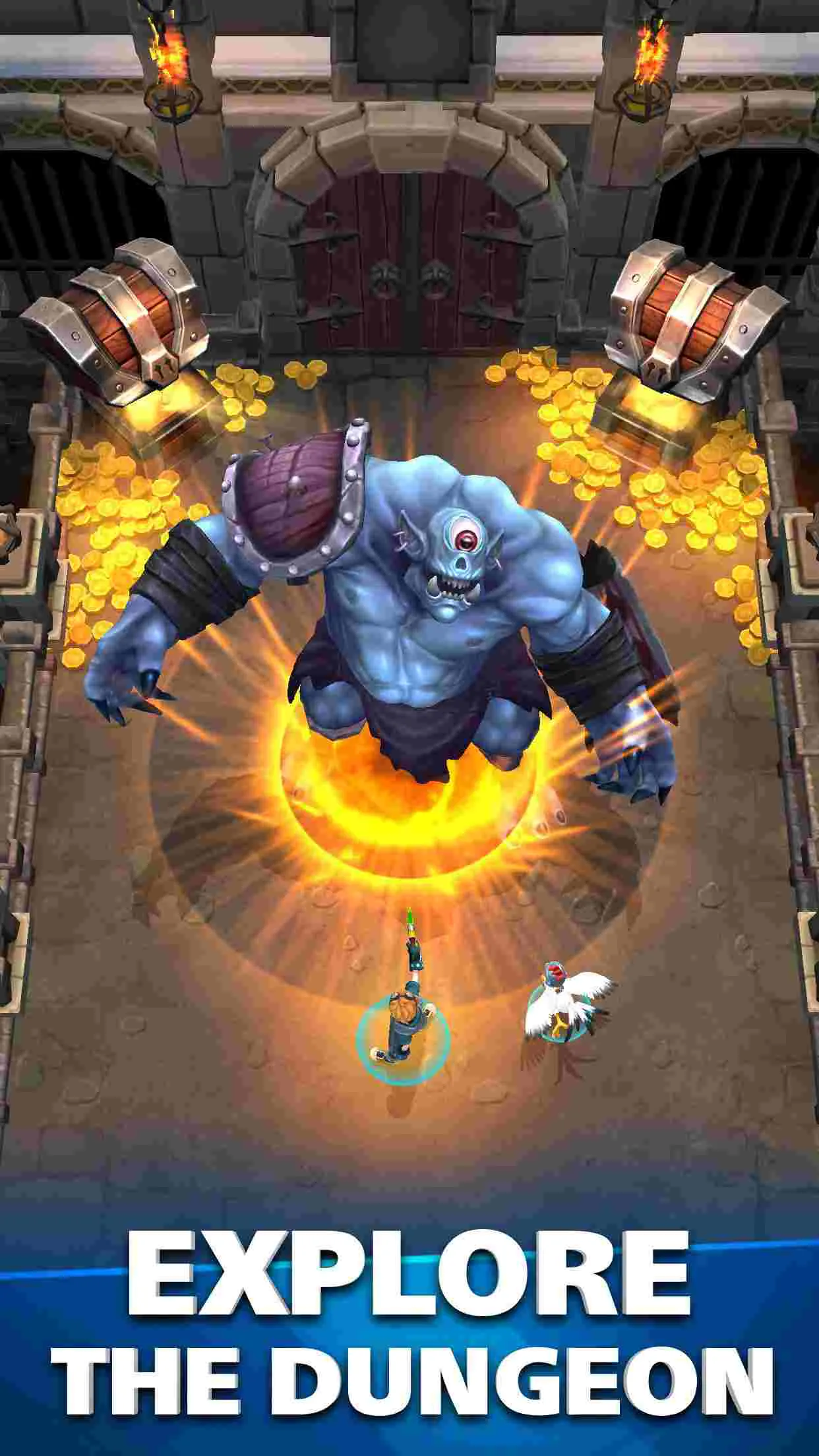 Ảnh 1 của Tải game Heroics: Epic Fantasy Legend Mod APK 3.10.31 (Bất tử/Onehit) Cảnh một nhóm anh hùng đang đối đầu với quái vật khổng lồ trong trận chiến