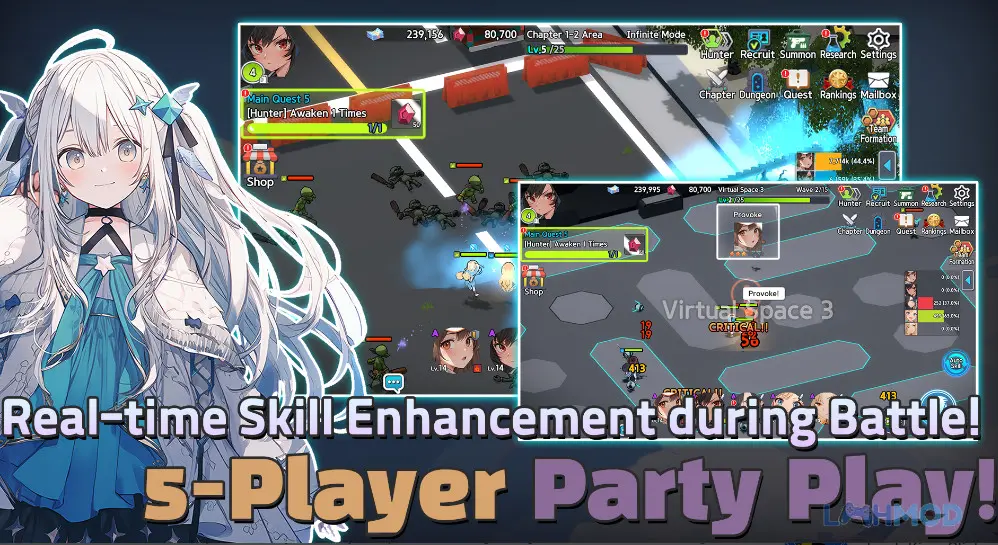 Ảnh 6 của Tải Hunter Party Idle RPG Mod Apk 1.24 (MENU, Vô Hạn Kim Cương) cho Android iOs Giao diện chính trong game Hunter Party Idle RPG Mod với các lựa chọn nâng cấp