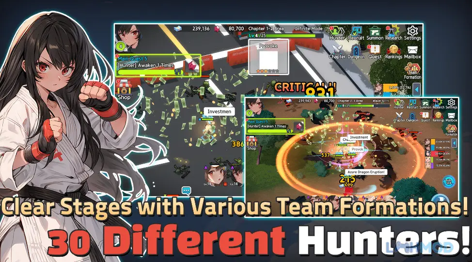 Ảnh 8 của Tải Hunter Party Idle RPG Mod Apk 1.24 (MENU, Vô Hạn Kim Cương) cho Android iOs Một cảnh bản đồ trong Hunter Party Idle RPG Mod với quái vật và cổng dịch chuyển