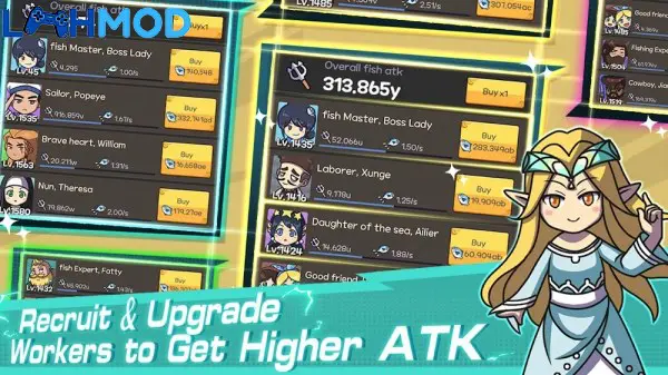 Ảnh 4 của Idle Fishing Tycoon MOD APK 1.0.13 (Hệ số sát thương) Thợ câu và thuyền trong game Idle Fishing Tycoon