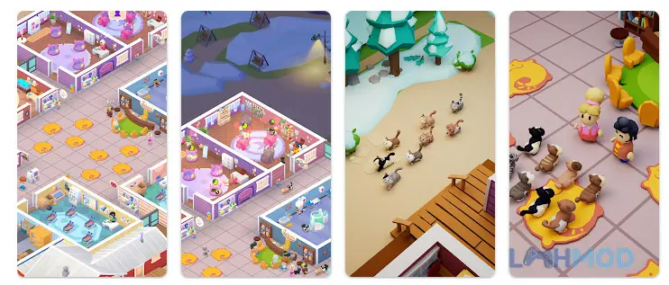 Ảnh 4 của Tải game Idle Pet Shelter Mod Apk 1.7.1 (Vô Hạn Tiền) cho Android iOs Một căn phòng ấm cúng với nhiều chú mèo đang chơi đùa