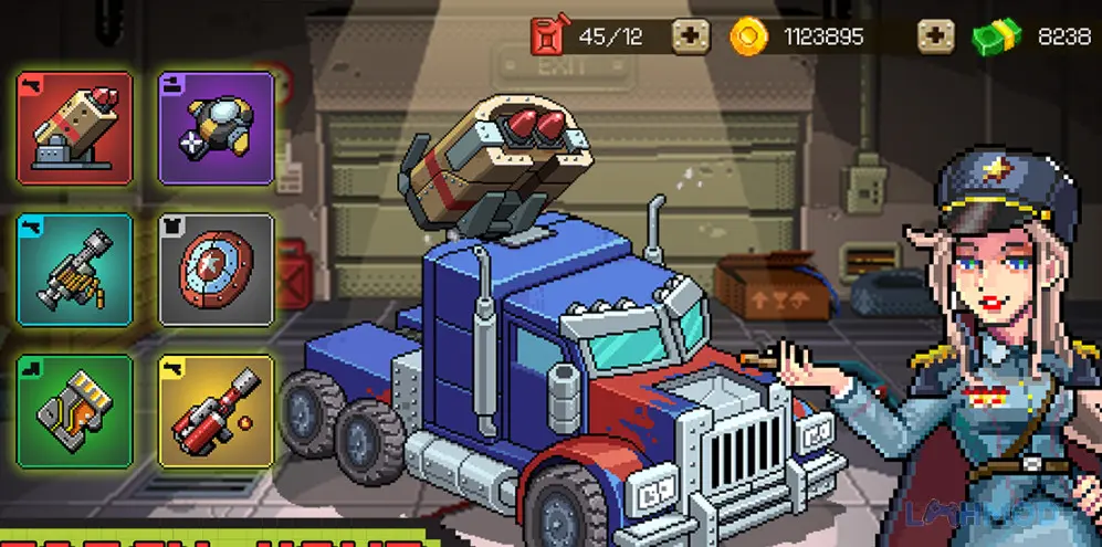 Ảnh 3 của Tải Jackal Army Retro Shooting Mod Apk 0.0.1511 (Vô Hạn Tiền) cho Android iOs Xe jeep được nâng cấp trong Jackal Army Retro Shooting Mod