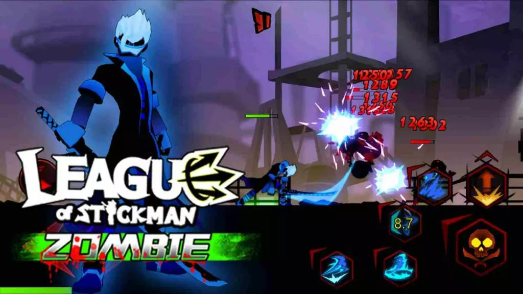 Ảnh 1 của League of Stickman Mod APK 6.1.6 (Coins, Gems, Kim Cương, Max Level, Hồi Chiêu) Cảnh chiến đấu trong game League of Stickman Mod với các nhân vật người que