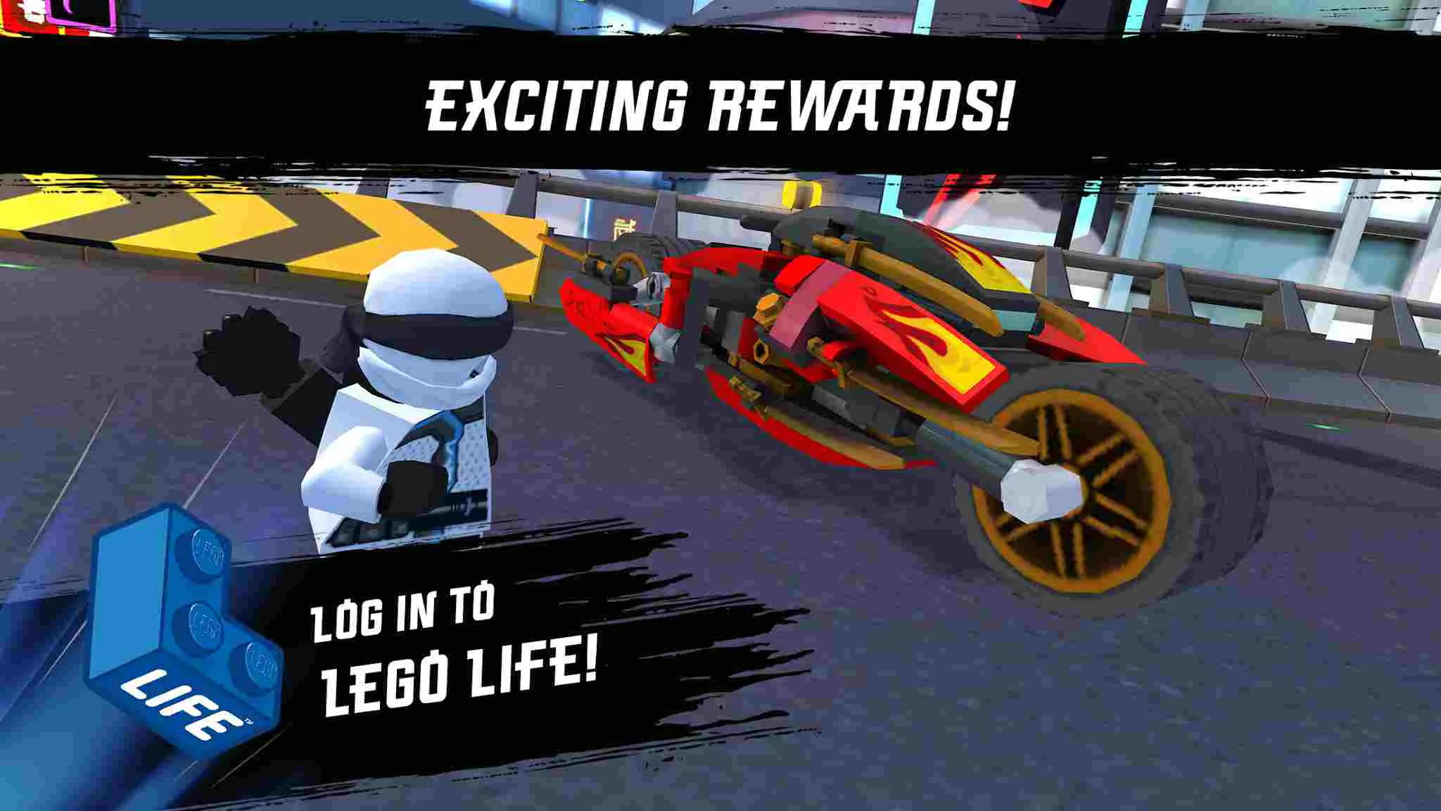 Ảnh 2 của Tải game LEGO NINJAGO: Ride Ninja Mod APK v20.5.430 (Mở Khoá Tất Cả) Cận cảnh nhân vật Zane chuẩn bị tham gia vào cuộc đua đường phố