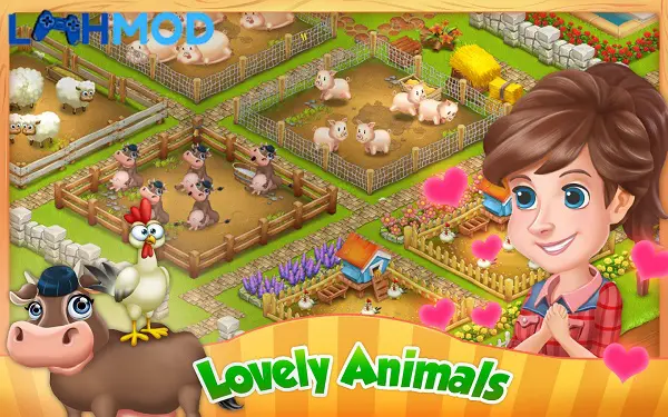 Ảnh 2 của Tải trò chơi Let’s Farm APK 8.29.0 cho Android iOS Mô tả một nông trại với nhiều cây trồng và vật nuôi đang hoạt động