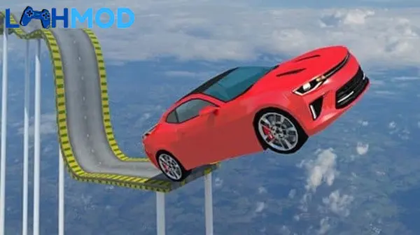 Ảnh 2 của Mega Ramp Car Jumping MOD APK 1.6.0 (Vô hạn tiền) Một chiếc xe đang phóng xuống dốc cao, chuẩn bị cho cú nhảy lớn