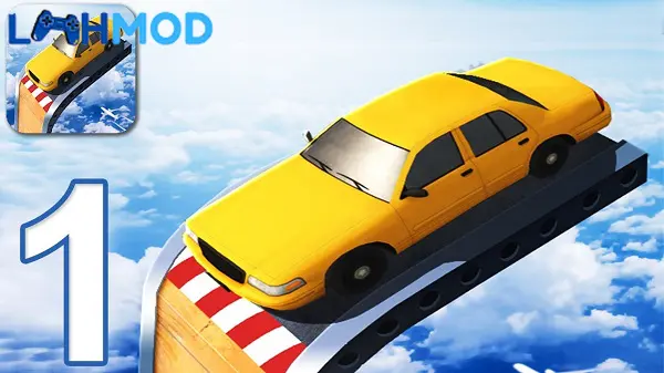 Ảnh 3 của Mega Ramp Car Jumping MOD APK 1.6.0 (Vô hạn tiền) Cảnh xe va chạm vào một chướng ngại vật giữa không trung, tạo ra hiệu ứng đổ vỡ