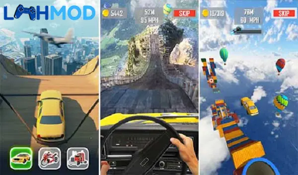 Ảnh 4 của Mega Ramp Car Jumping MOD APK 1.6.0 (Vô hạn tiền) Một chiếc xe thể thao đang bay lượn trên không, vượt qua các tòa nhà trong thành phố