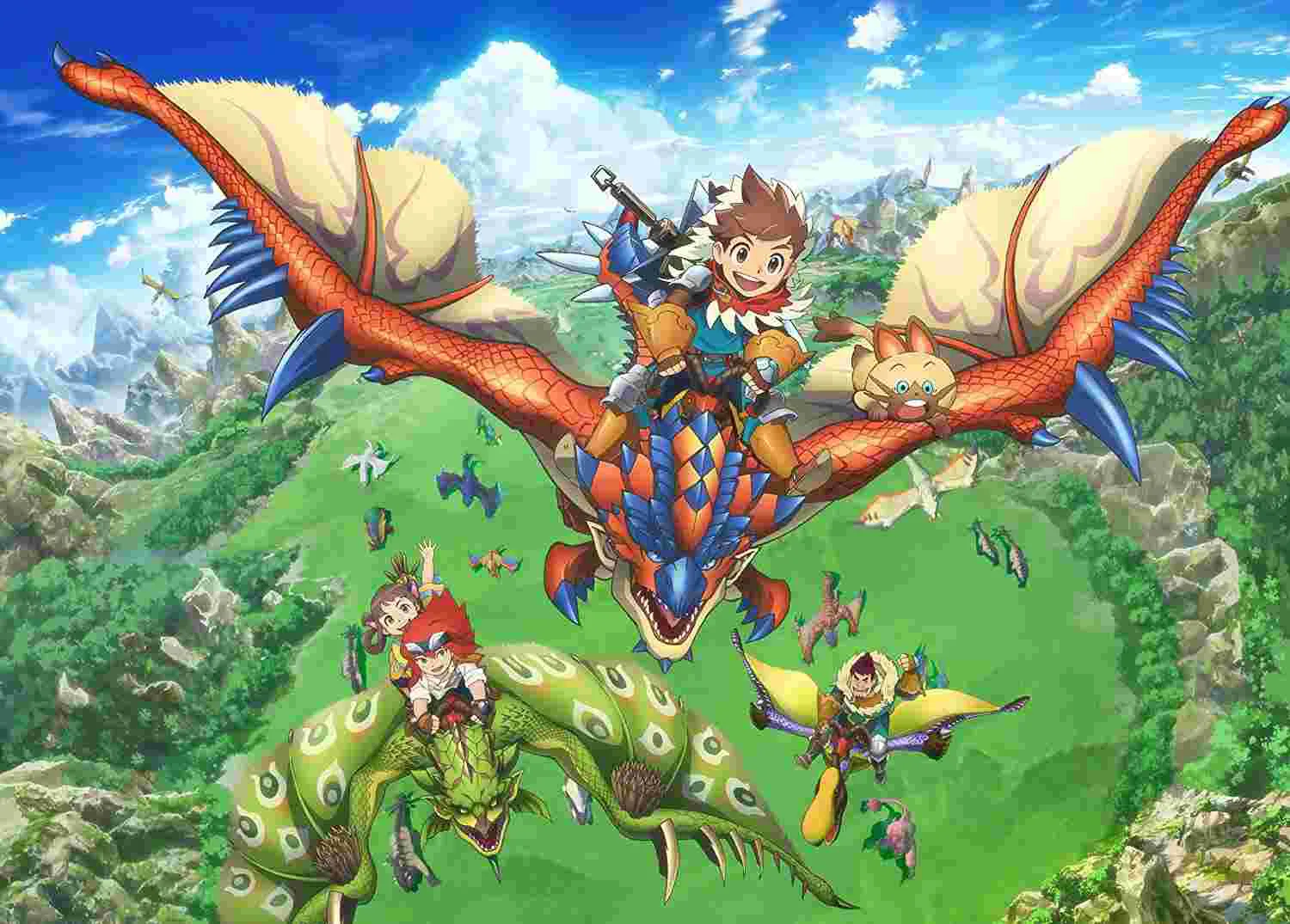 Ảnh 2 của Monster Hunter Stories Mod APK 1.0.4 (Menu, Vô Hạn Tiền, Max Level) Nhân vật chính và quái vật đồng hành trong Monster Hunter Stories