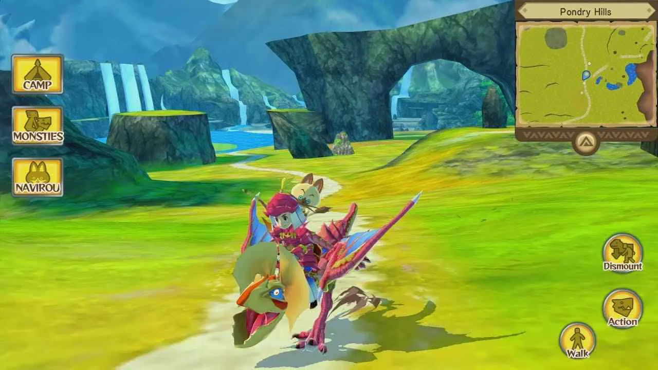Ảnh 3 của Monster Hunter Stories Mod APK 1.0.4 (Menu, Vô Hạn Tiền, Max Level) Giao diện chiến đấu với nhân vật và hai quái vật trong Monster Hunter Stories