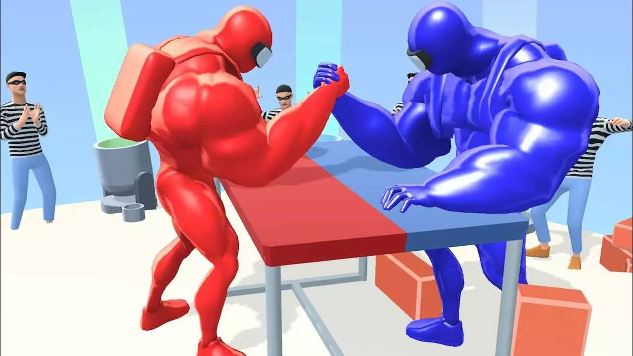 Ảnh 2 của Tải game Muscle Rush Mod APK 1.2.1 (Nâng cấp miễn phí) Một người đàn ông cơ bắp đang chạy trên đường đua nhiều màu sắc với các chướng ngại vật và vật phẩm