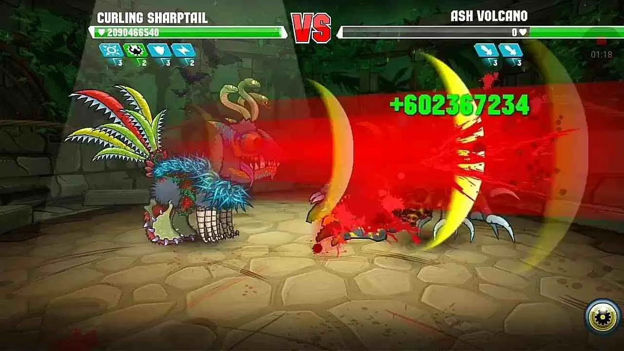 Ảnh 2 của Tải Mutant Fighting Cup 2 Mod APK 66.0.3 (Vô Hạn Tiền) Giao diện chiến đấu với các kỹ năng đặc trưng của từng quái vật
