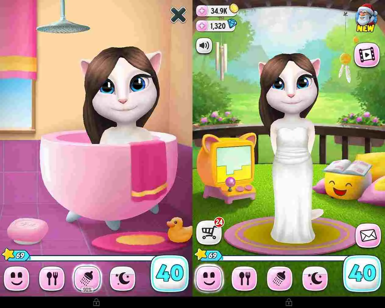 Ảnh 2 của My Talking Angela Mod APK v7.3.1.6282 (Menu, Vô Hạn Tiền) Giao diện My Talking Angela với Angela đang ngồi trên ghế sofa