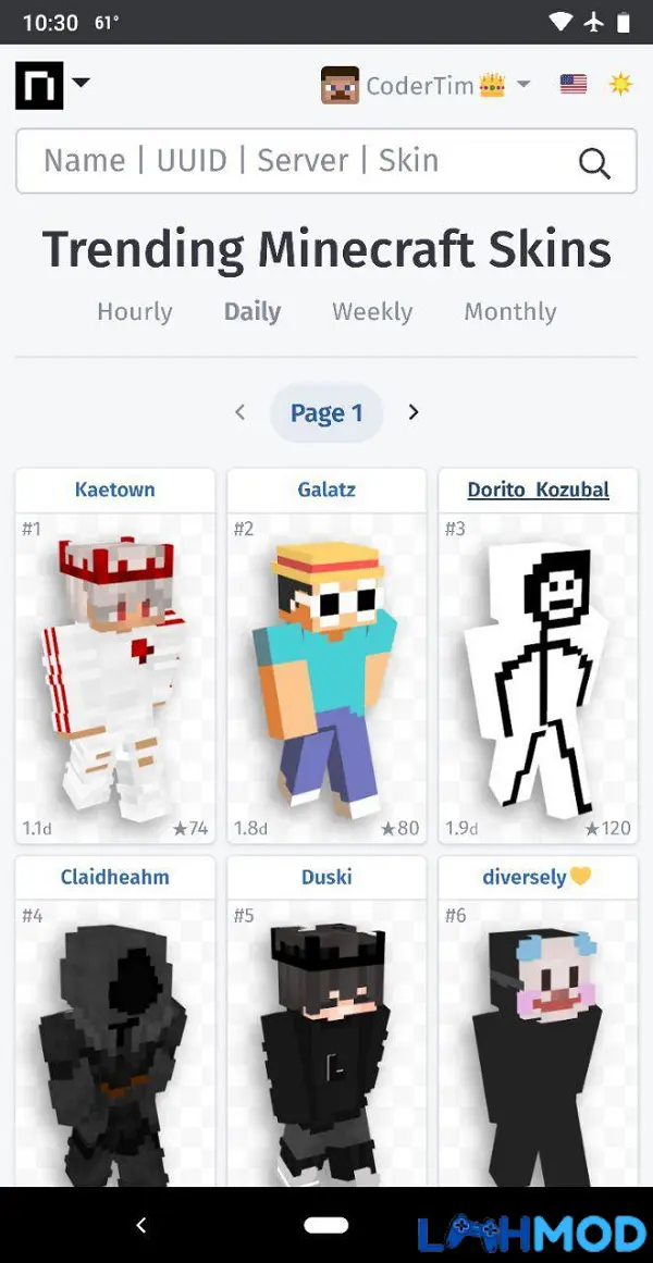 Ảnh 2 của Tải ứng dụng NameMC Apk 1.10 cho Android, IOS Giao diện NameMC hiển thị các tùy chọn skin đa dạng và chức năng tìm kiếm