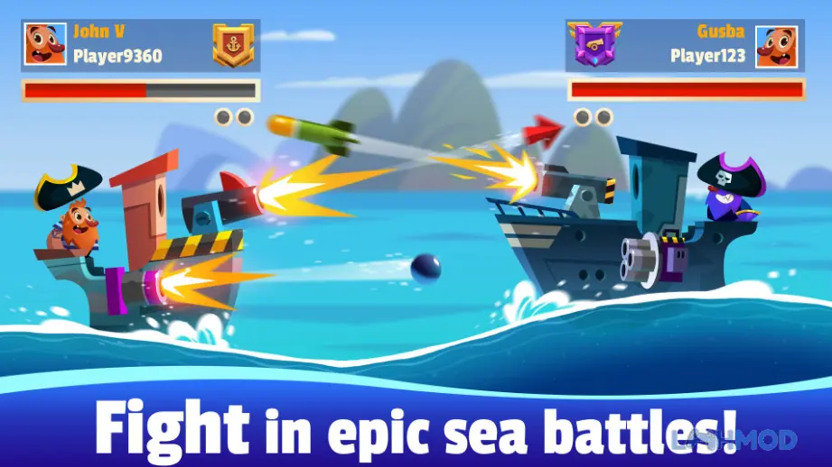 Ảnh 4 của Tải Oceans of Steel Mod Apk 1.10.0 (MOD Menu, Xu, Rương Free) cho Android iOs Cảnh một con tàu lớn đang khai hỏa vũ khí trong trận đấu